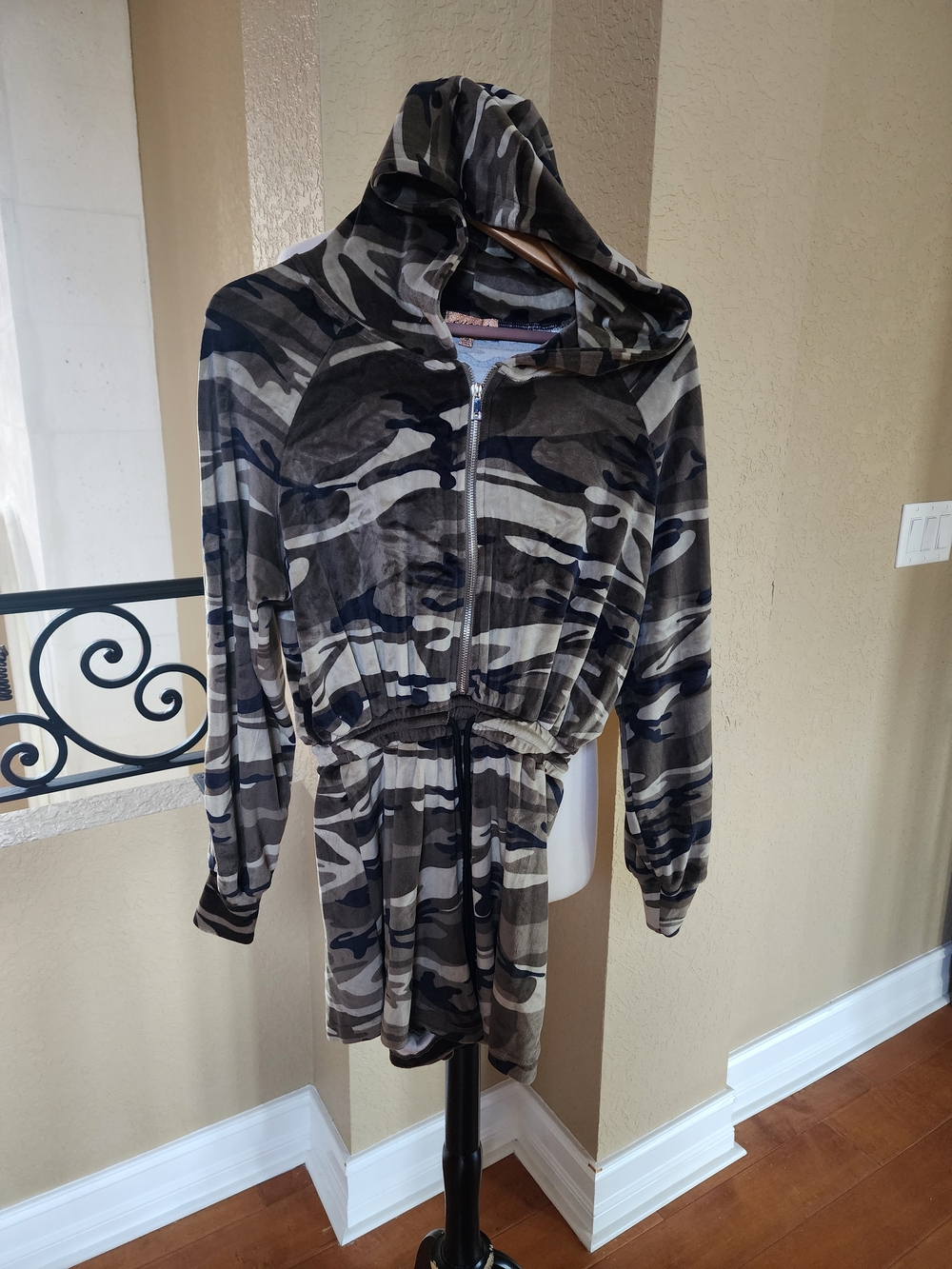 Camo Hooded Romper - Olive & Black